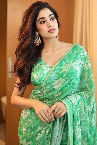 light green printed & embroidered saree set