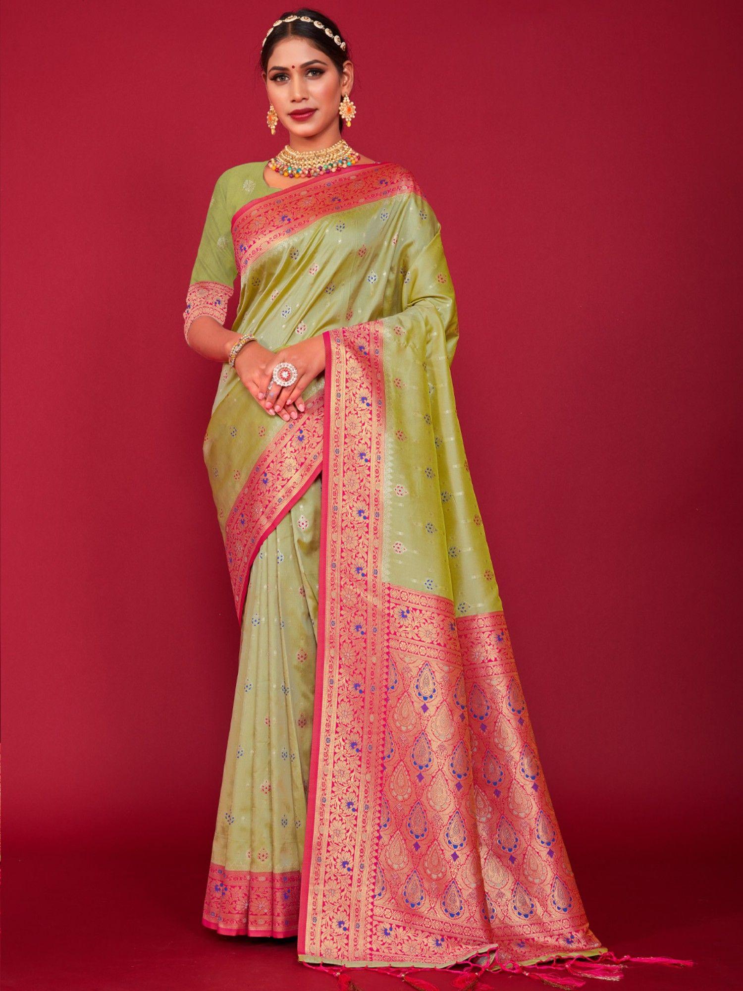 light green silk printed traditional tassel saree with unstitched blouse