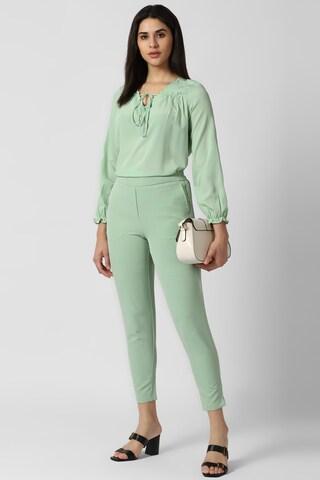 light green solid crop length formal women slim fit trousers
