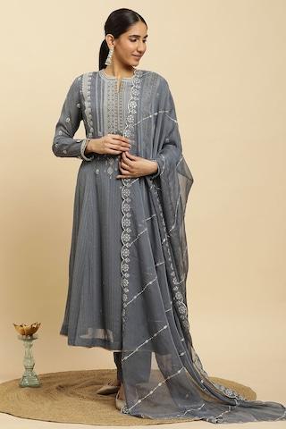 light grey embroidered ethnic full sleeves key hole neck women regular fit pant kurta dupatta set