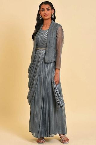 light grey stripe polyester/lurex sari