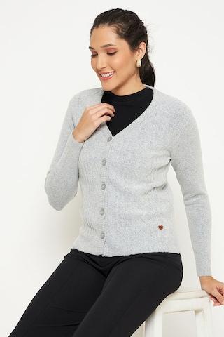 light grey textured casual full sleeves v neck women regular fit cardigan