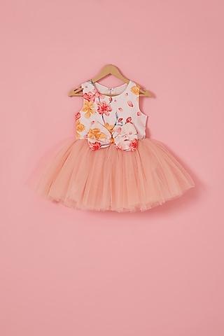 light peach linen blend & net floral printed flared dress for girls