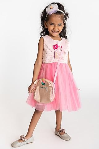light pink & dark pink tulle embroidered dress for girls