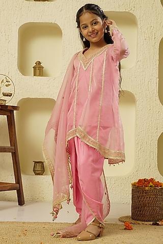 light pink chanderi silk dhoti set for girls