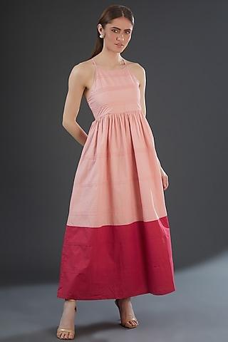 light pink cotton poplin color blocked maxi dress