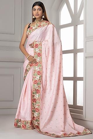 light pink dola silk embroidered saree set