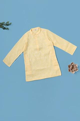light yellow print ethnic mandarin full sleeves maxi boys a-line fit kurta