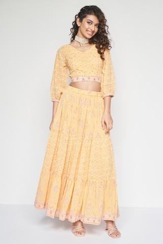 light yellow print full length ethnic women regular fit skirt top set