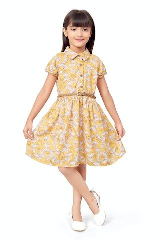 light yellow printed regular collar casual knee length short sleeves girls regular fit dress