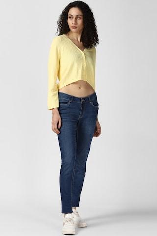 light yellow stripe casual full sleeves v neck women regular fit top
