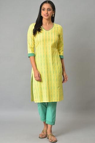 light yellow stripe casual v neck 3/4th sleeves women regular fit kurta