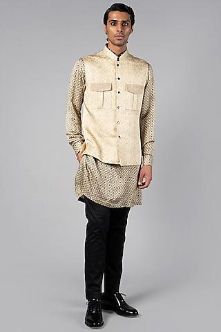 light beige linen satin printed nehru jacket