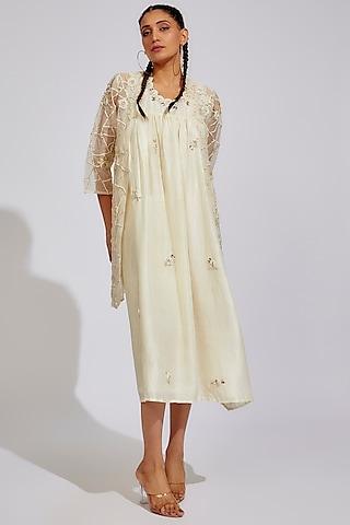 light beige organic silk embroidered jacket dress