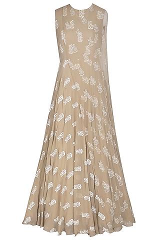 light beige printed anarkali with attached embroidered cape