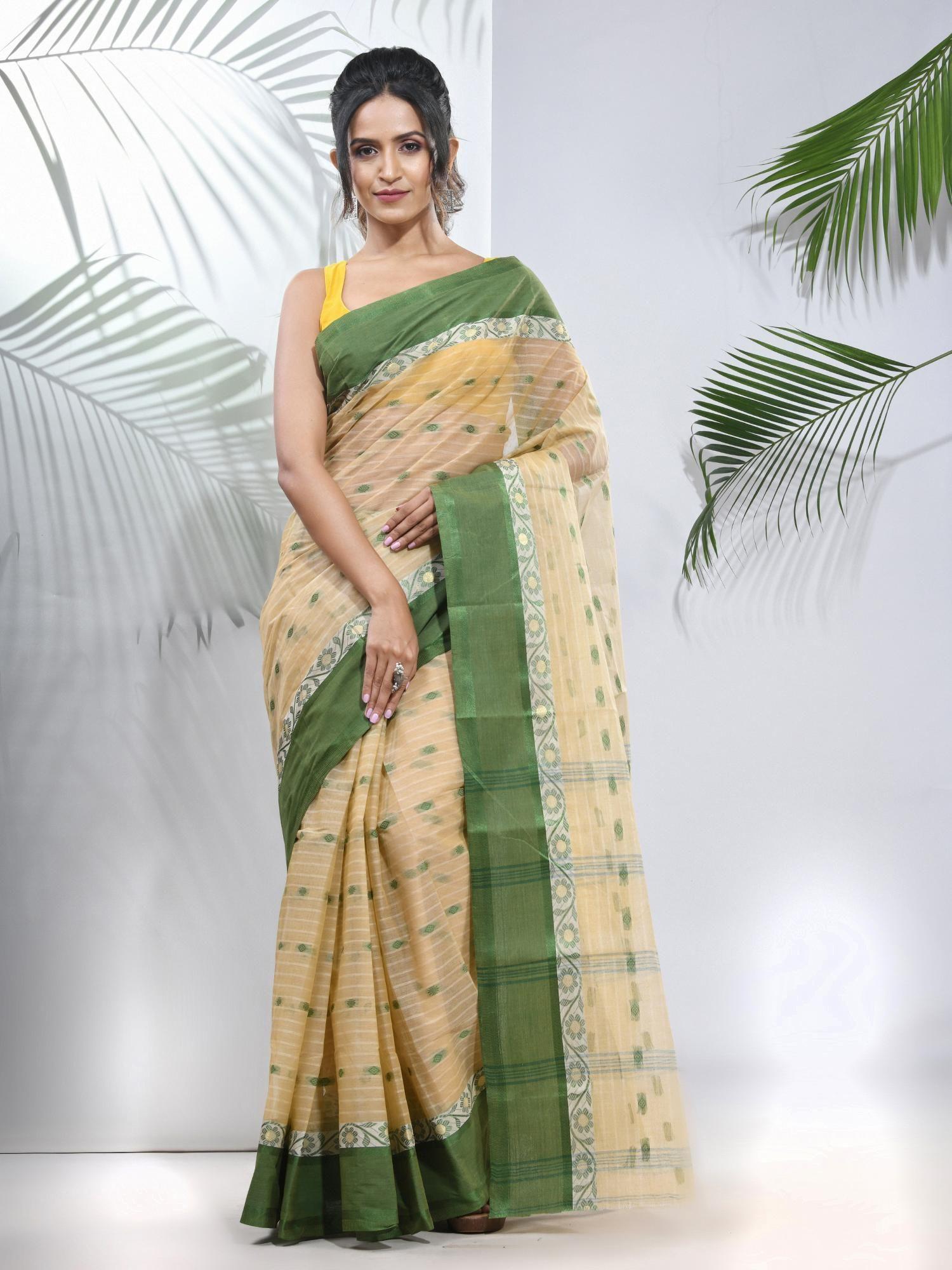 light beige pure cotton tant woven designs saree without blouse
