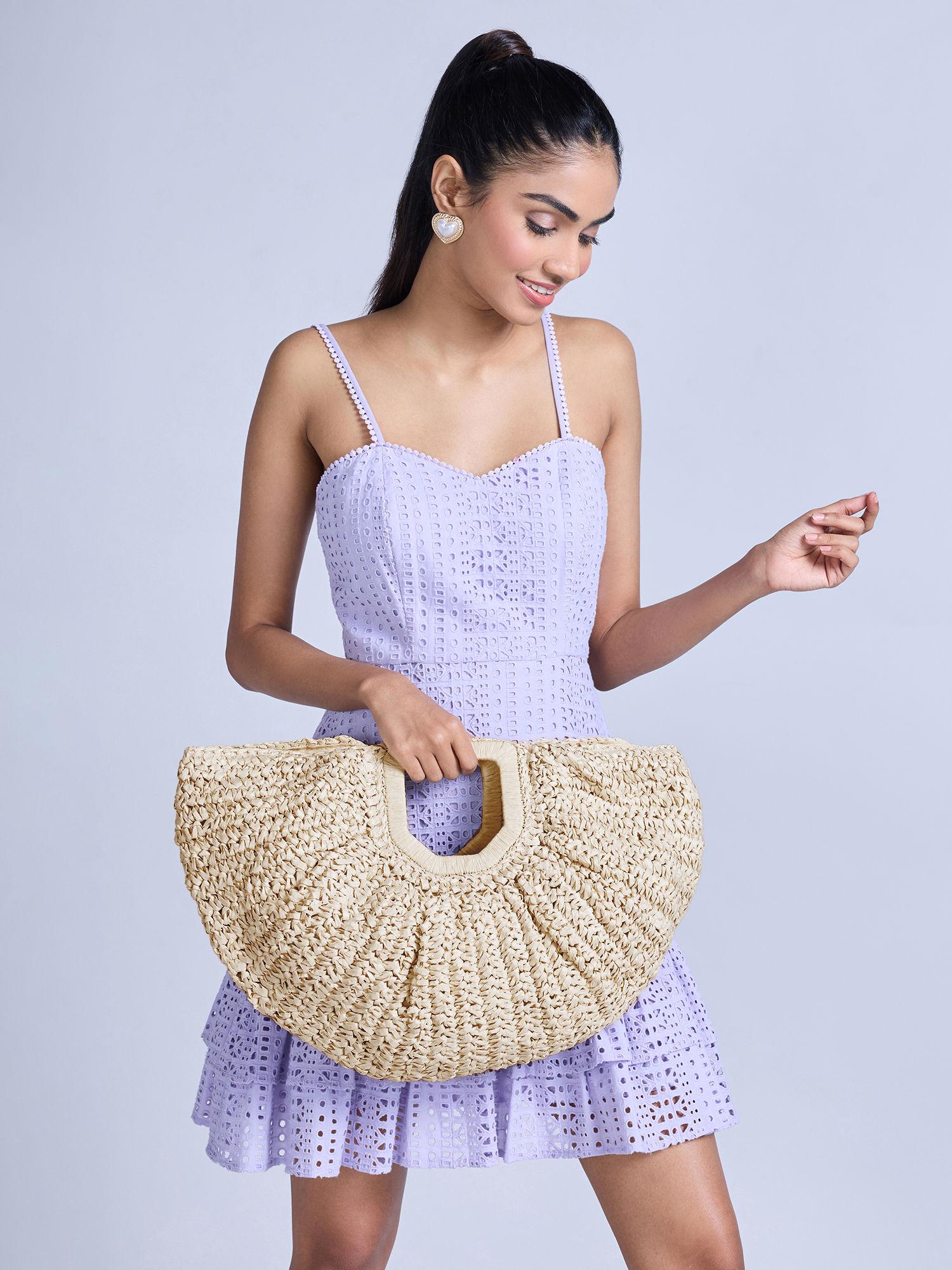 light beige solid crochet hand bag