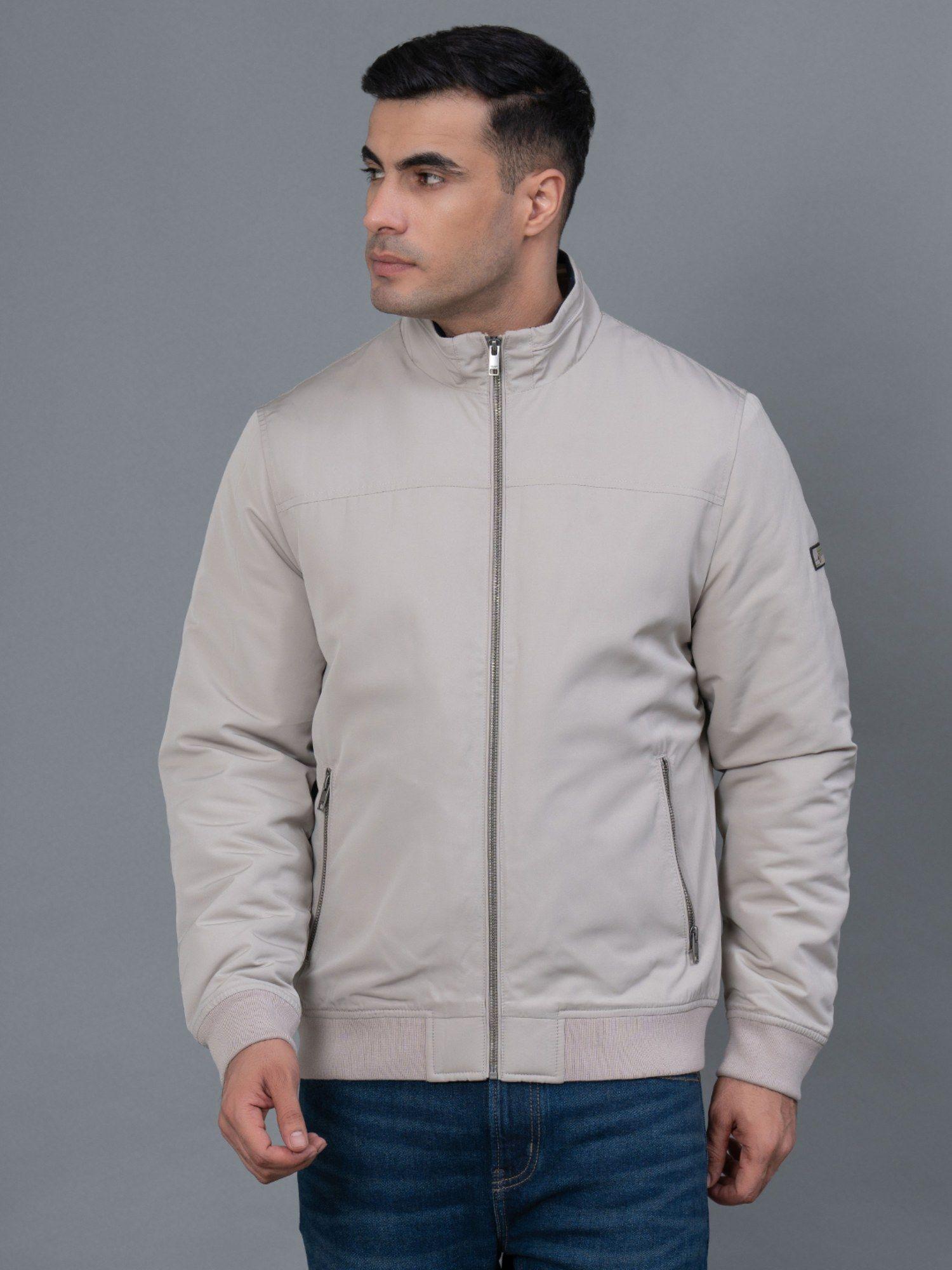 light beige solid polyester men's bomber jacket