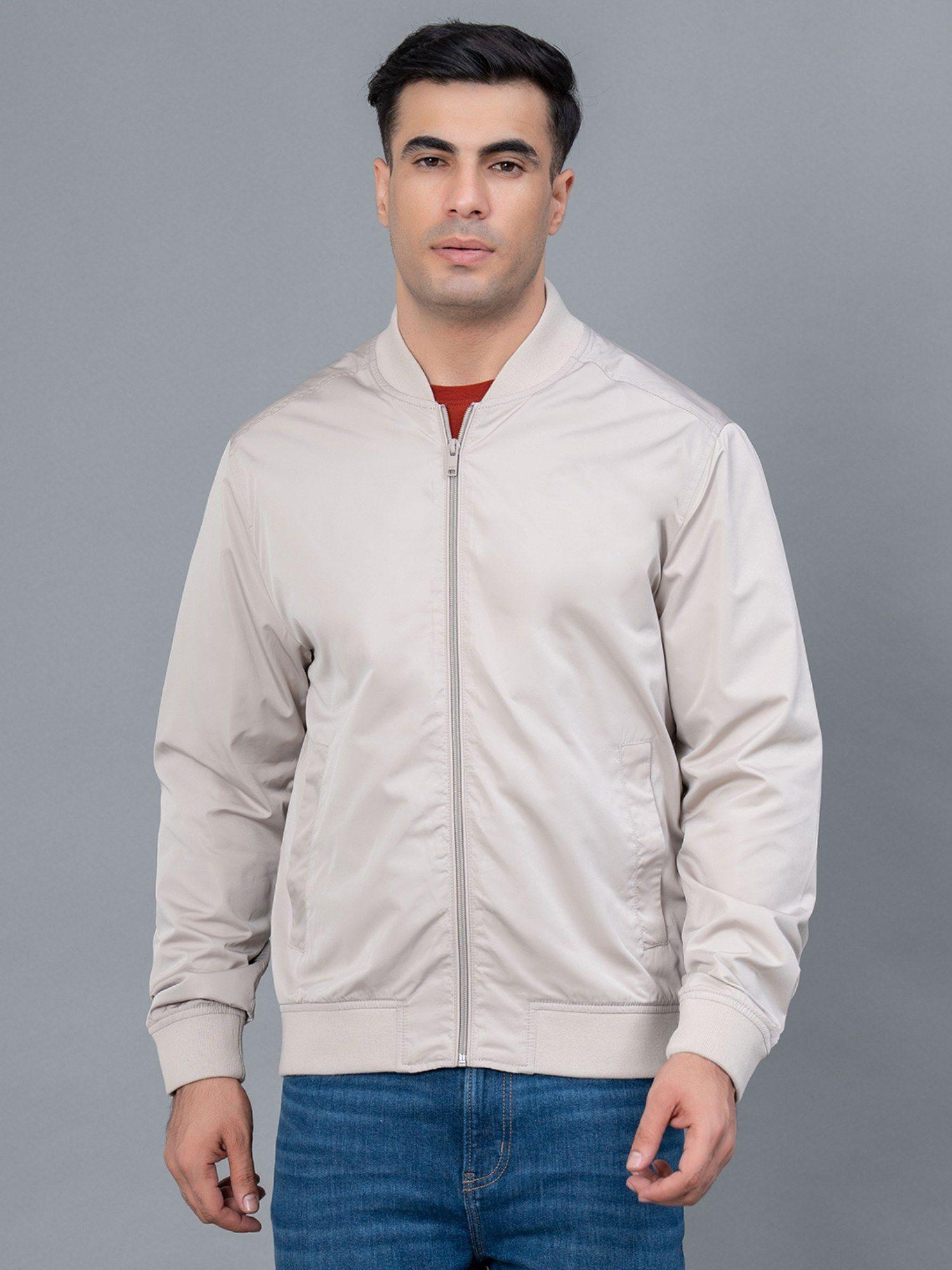 light beige solid polyester men's padded jacket