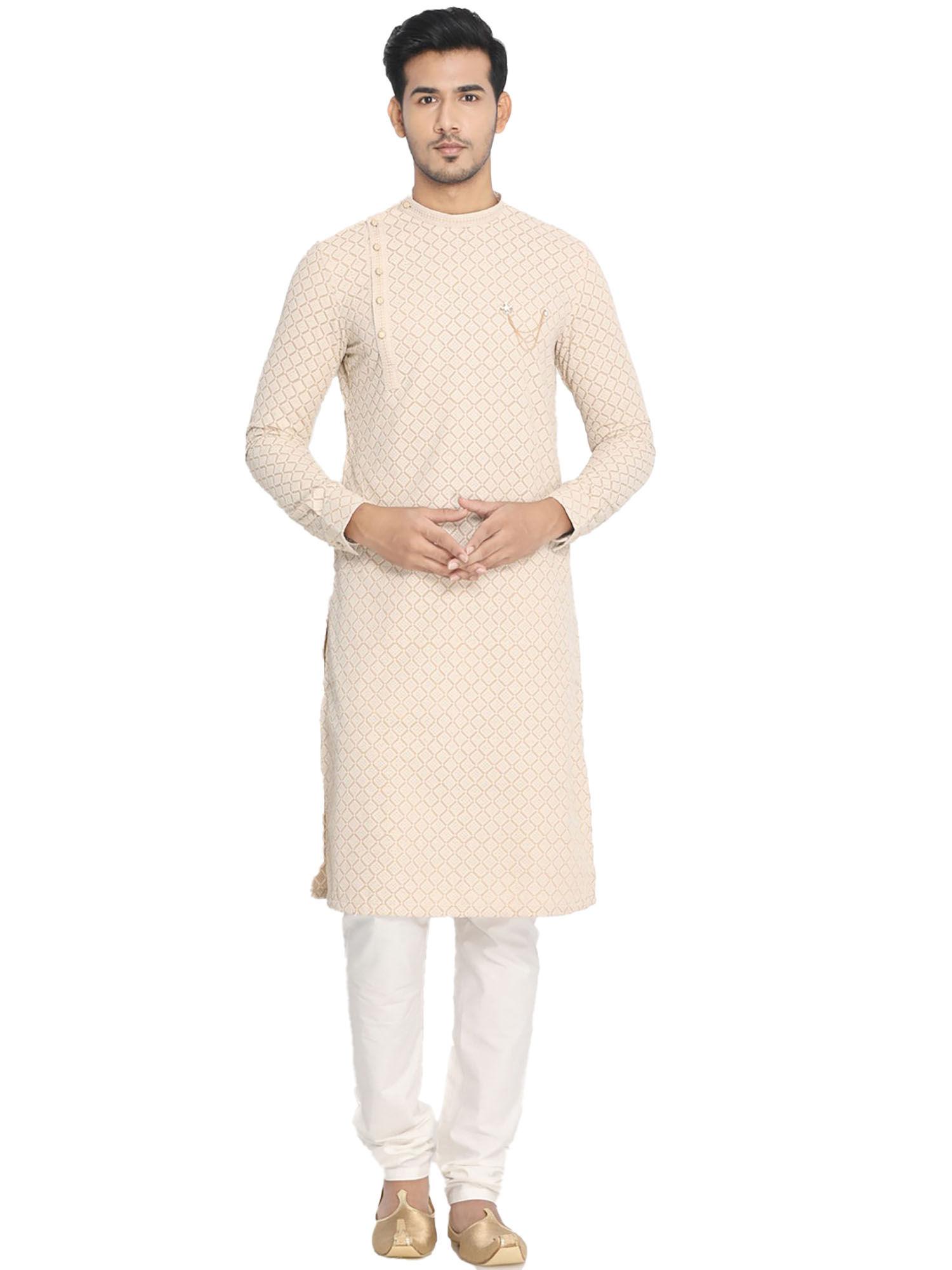 light biscuit cotton kurta churidar for men (set of 2)