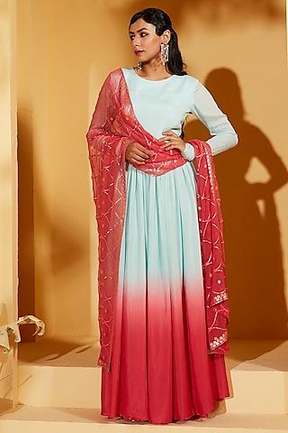 light blue & coral red georgette crepe boota embellished anarkali set