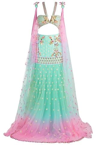 light blue & pink embroidered ombre saree set