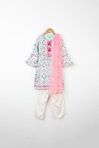 light blue & pink ikat printed kurta set for girls