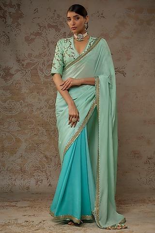 light blue & turquoise ombre georgette coin embroidered saree set