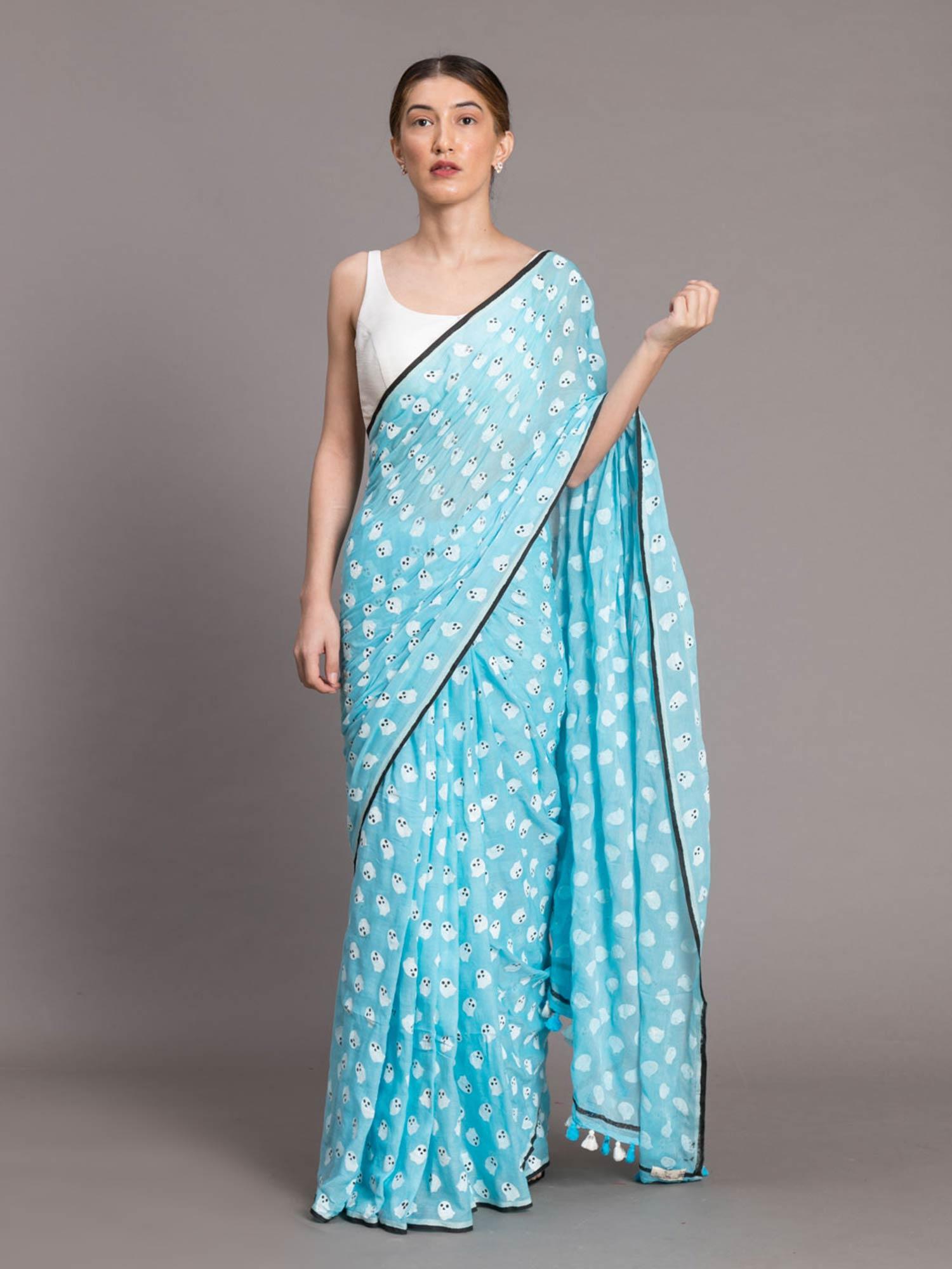 light blue & white printed pure cotton saree without blouse