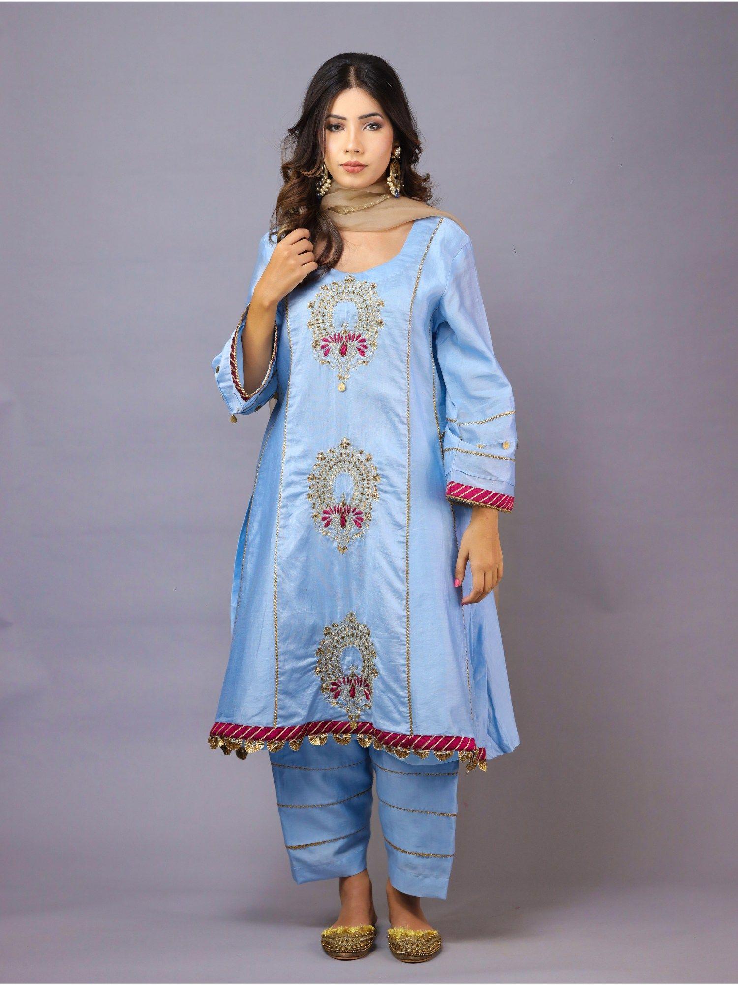 light blue and pink kurta with pant and dupatta (set of 3)