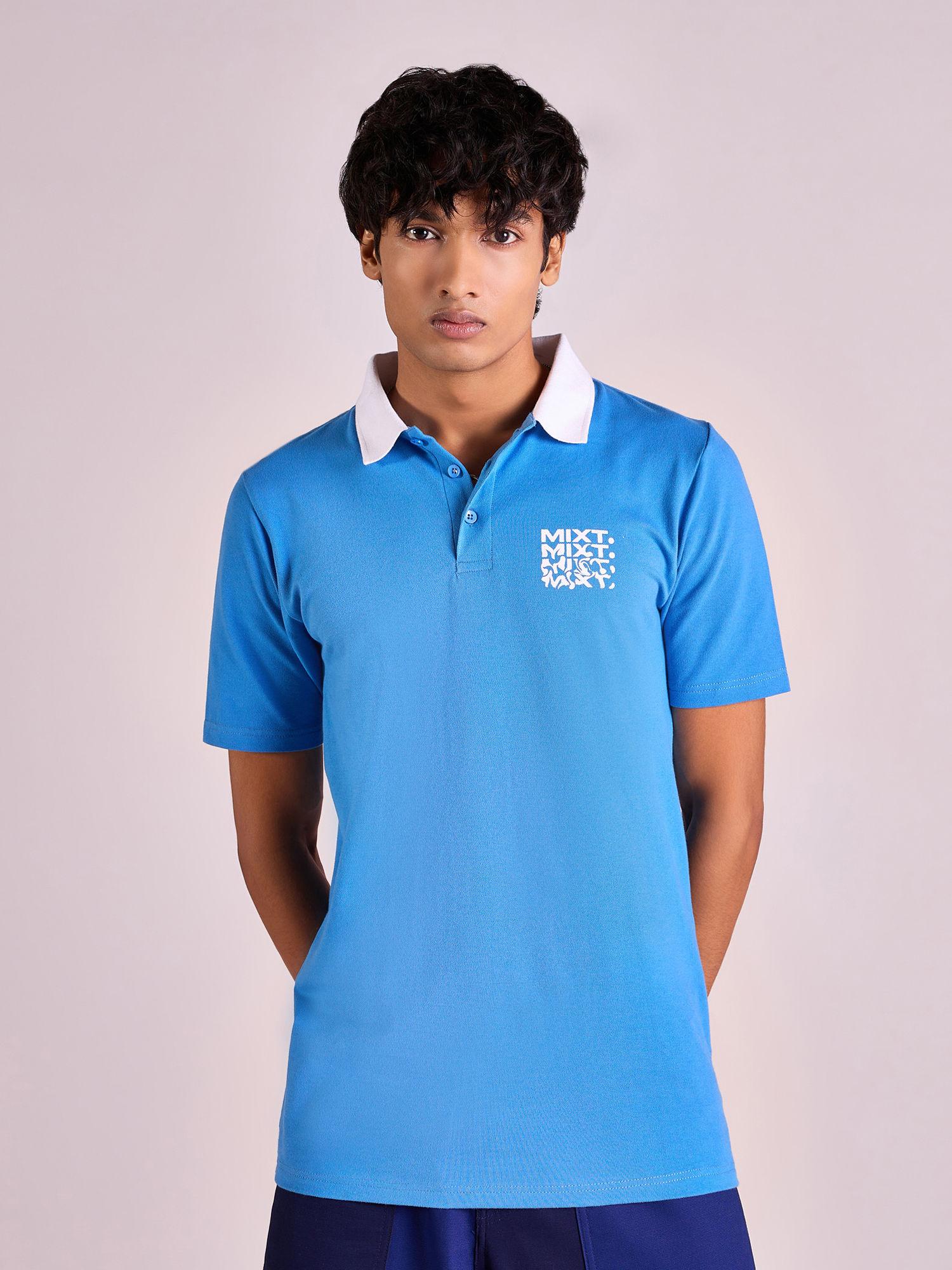 light blue and white solid polo neck t-shirt