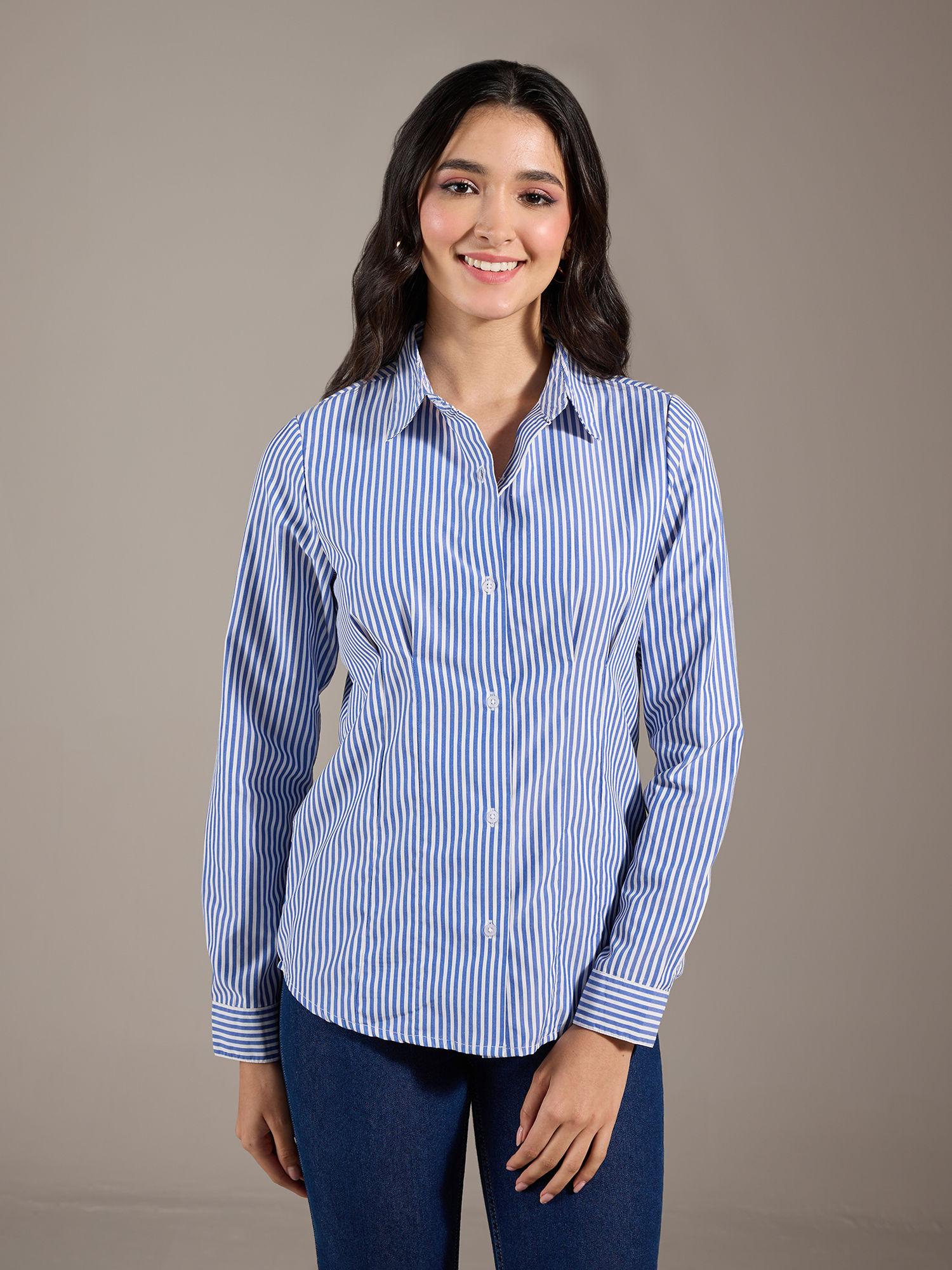 light blue and white stripes pointed collar shirt