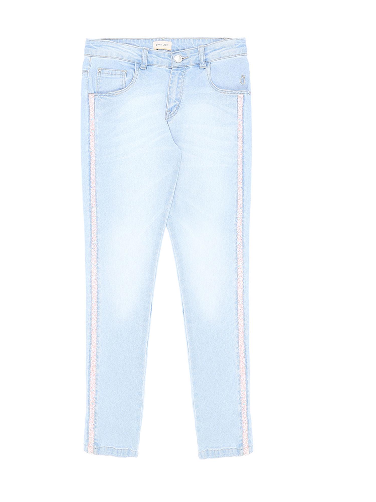 light blue bejeweled side taping jeans