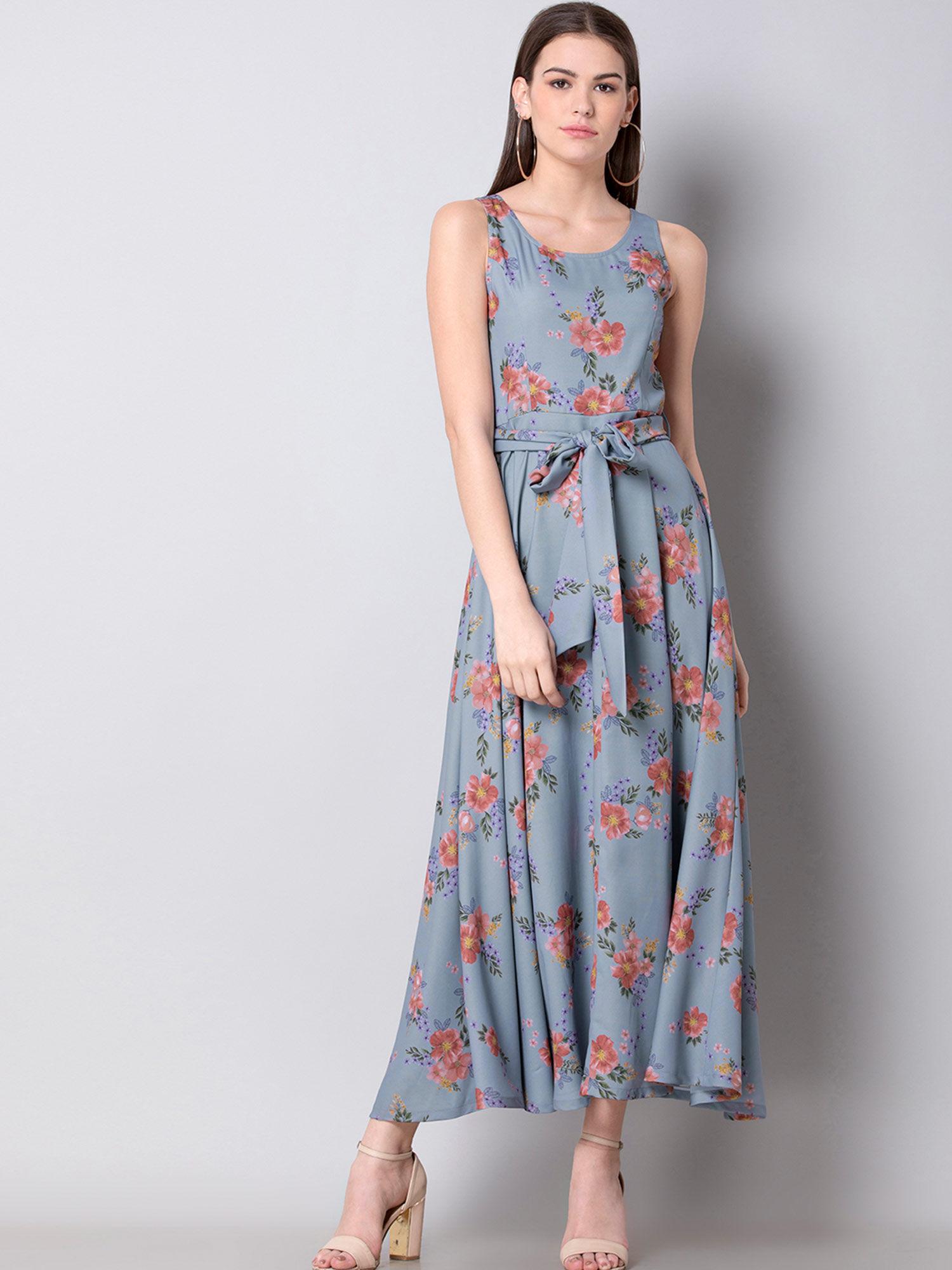 light blue belted floral maxi dress