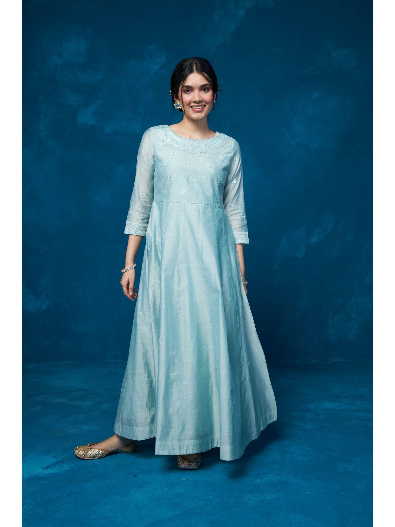 light blue boat neck embroidered anarkali kurta likkur30