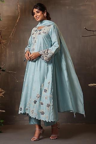 light blue chanderi silk applique & cutwork embroidered kurta set