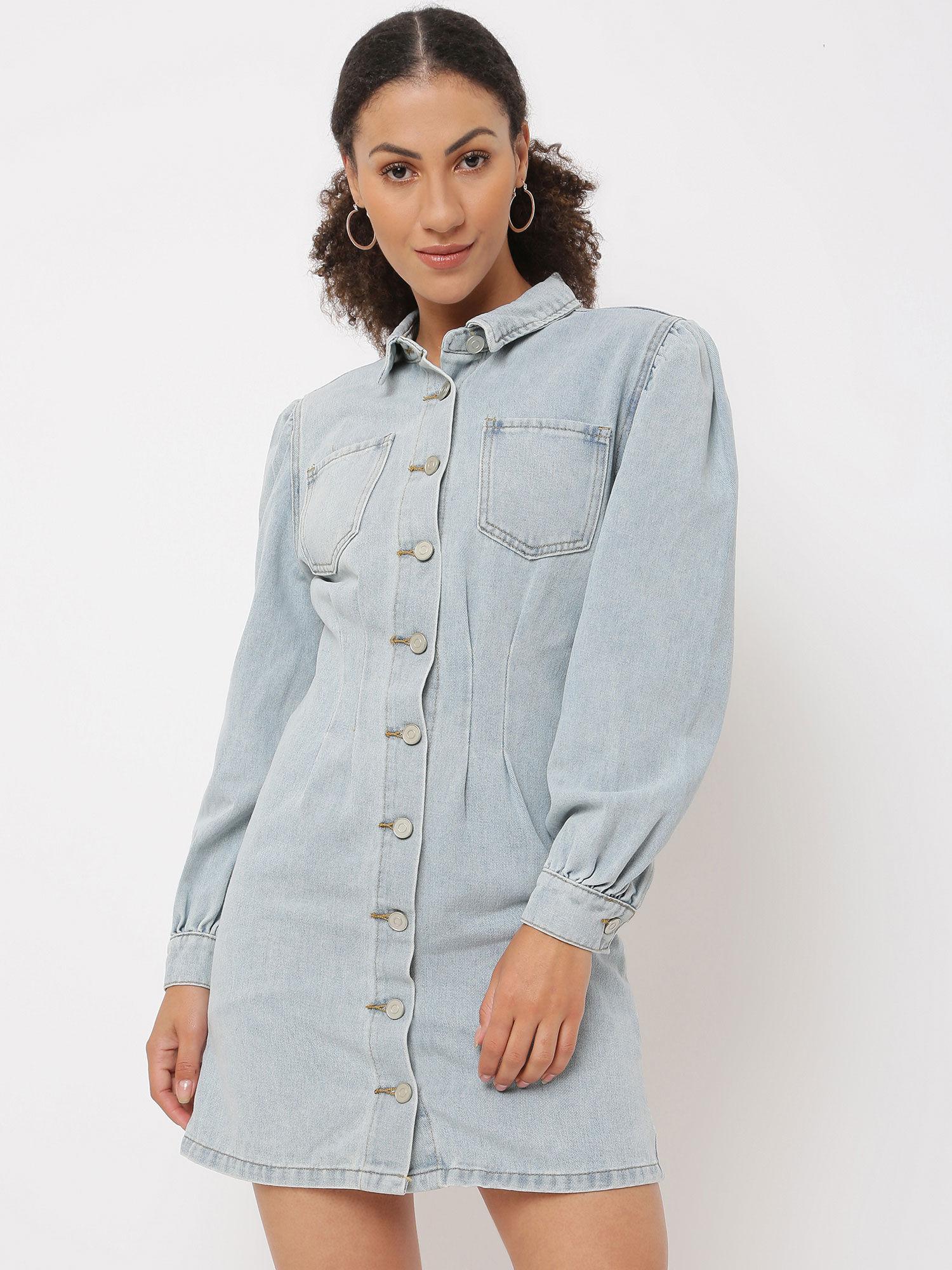 light blue cinched waist acid wash denim dress