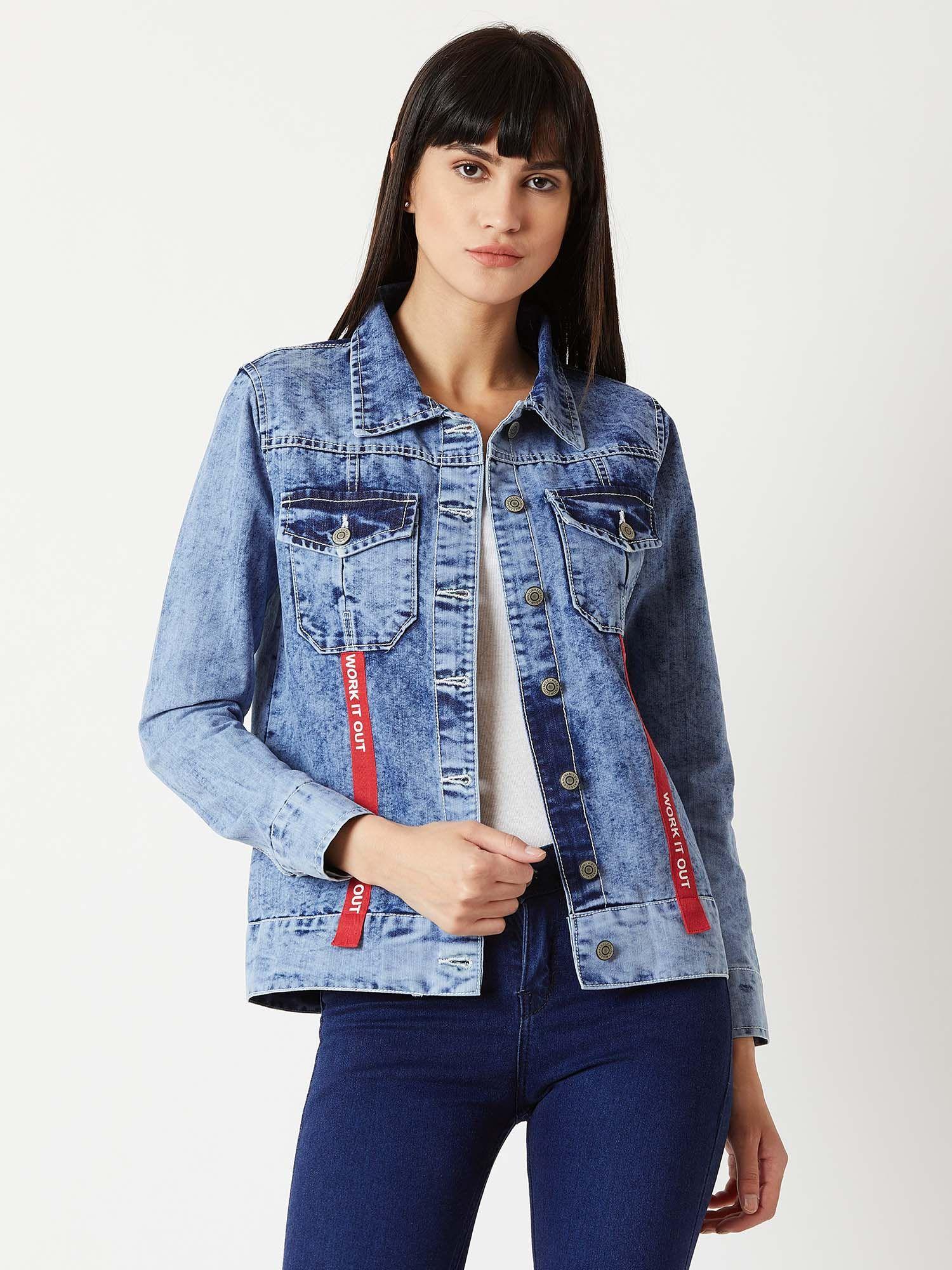 light blue collared full sleeve buttoned twill tape detailing solid denim jacket