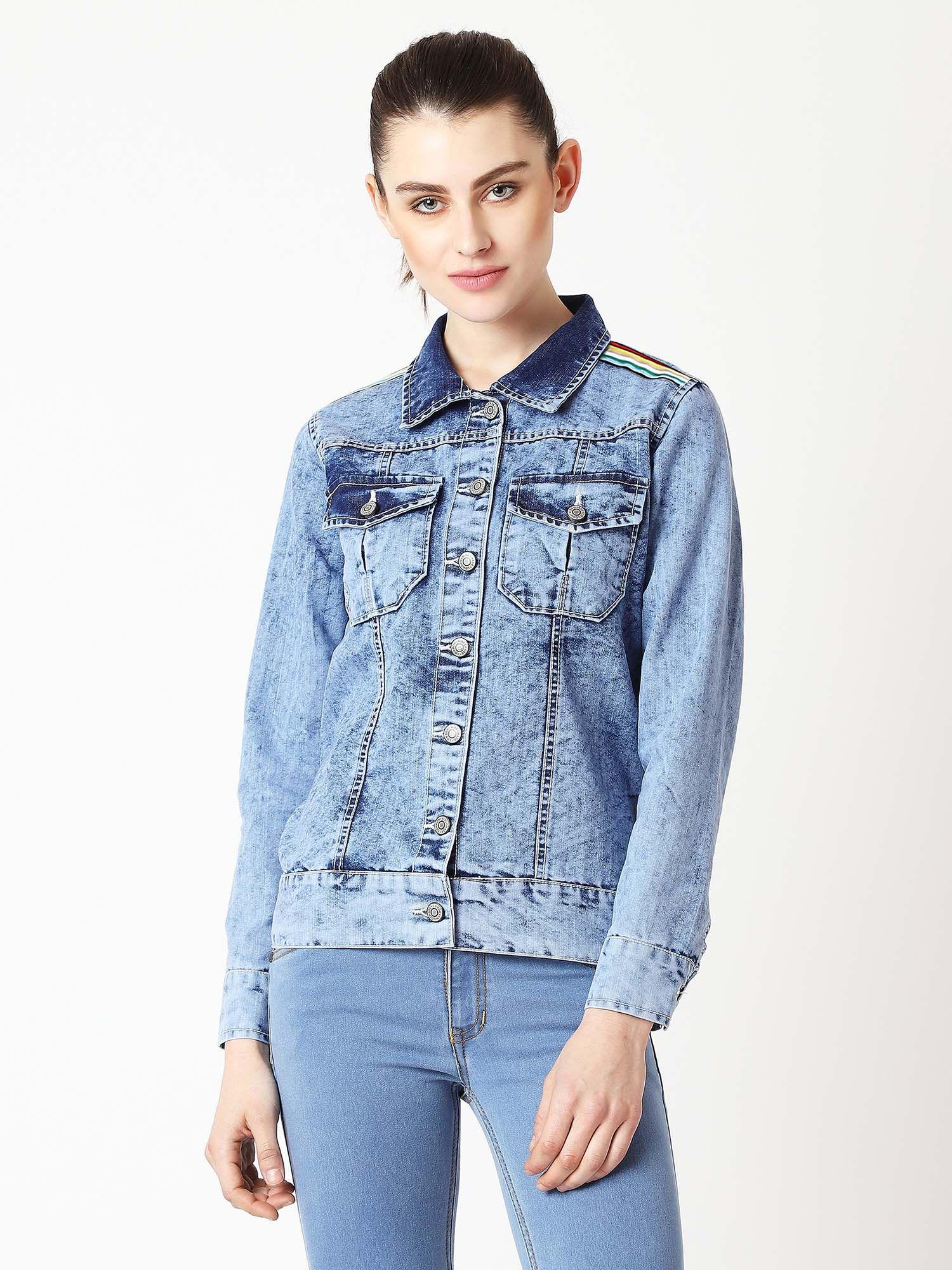 light blue collared full sleeve solid buttoned twill tape detailing denim jacket