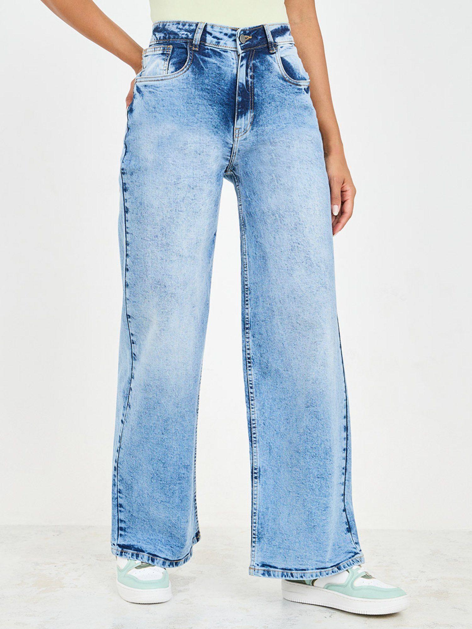 light blue cotton acid wash wide leg mid-rise stretchable denim jeans