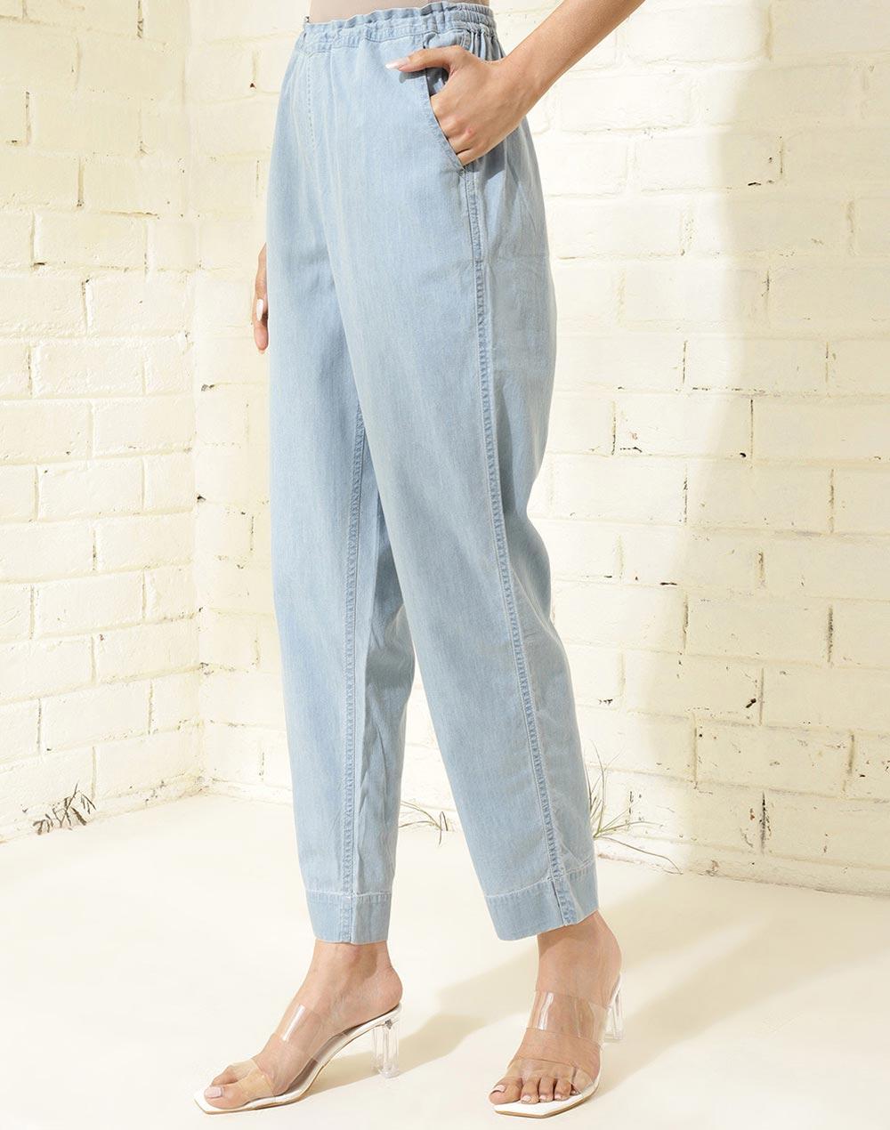 light blue cotton ankle length tapered casual pant