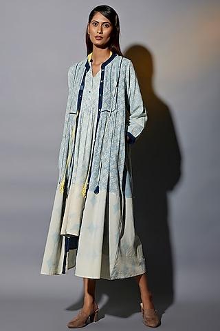 light blue cotton blend natural dyed & hand block printed jacket dress