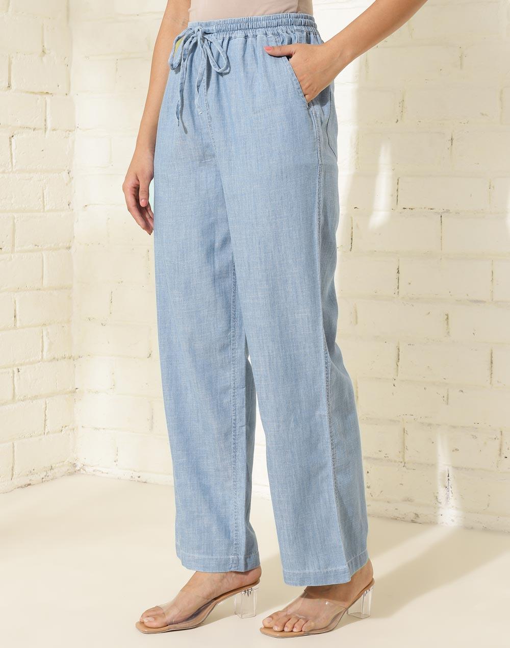 light blue cotton full length casual pant