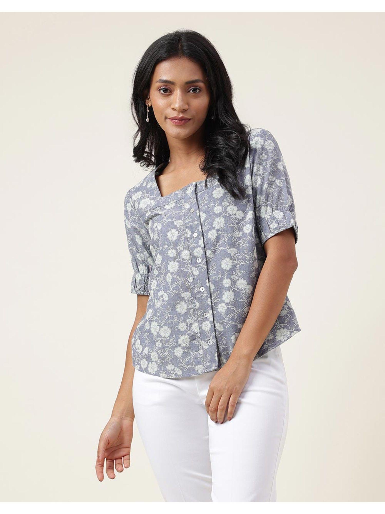 light blue cotton hand block printed shirt