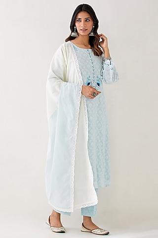 light blue cotton jacquard embroidered kurta set