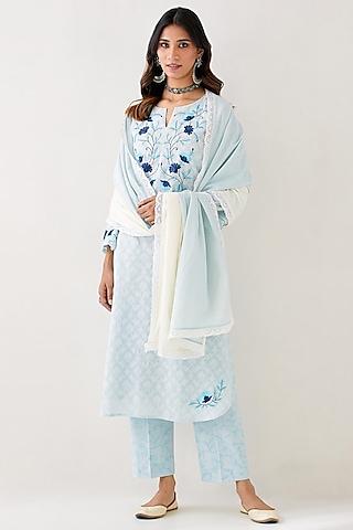 light blue cotton jacquard embroidered kurta set