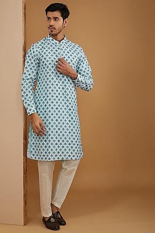 light blue cotton silk ikat printed & thread embroidered kurta set
