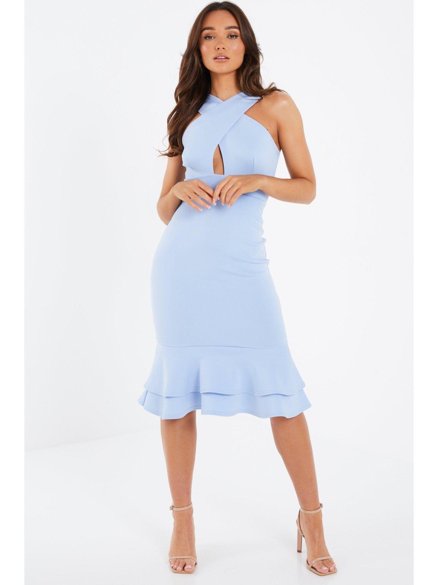 light blue cross front frill knee dress