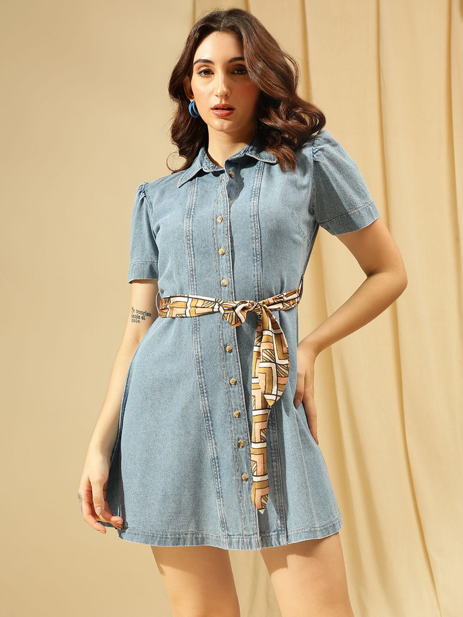 light blue denim midi shirt dress for women