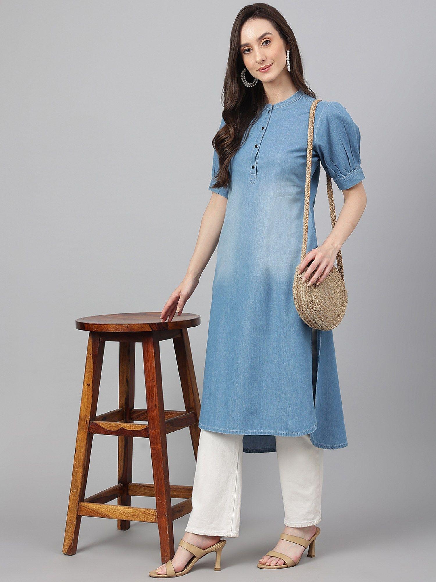 light blue denim solid high low kurta